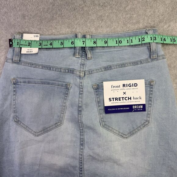 YMI Dream Fit Denim Mini Skirt 1/25 Blue Raw Hem Distressed Jean Pockets Stretch - Picture 7 of 12
